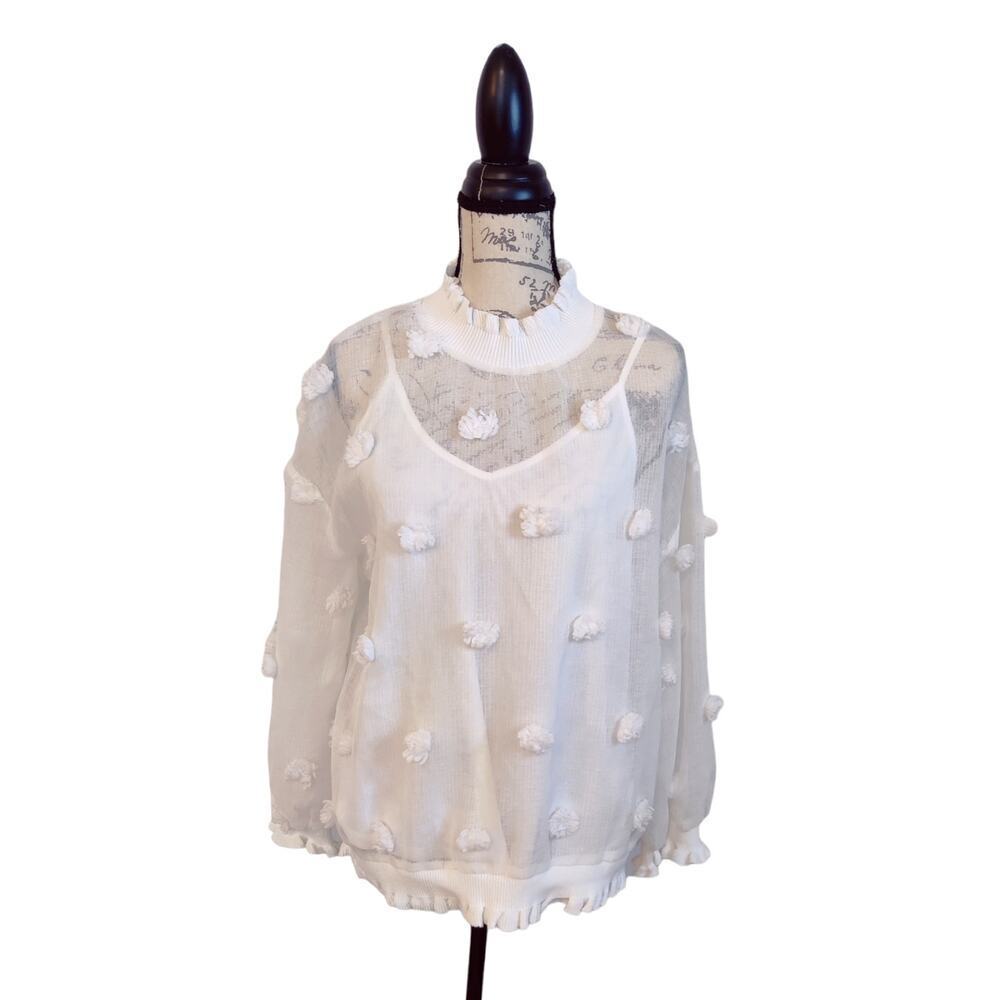Entro White Lace Sheer Long Sleeve Ruffle Neck Pom Pom Blouse Top Size S
